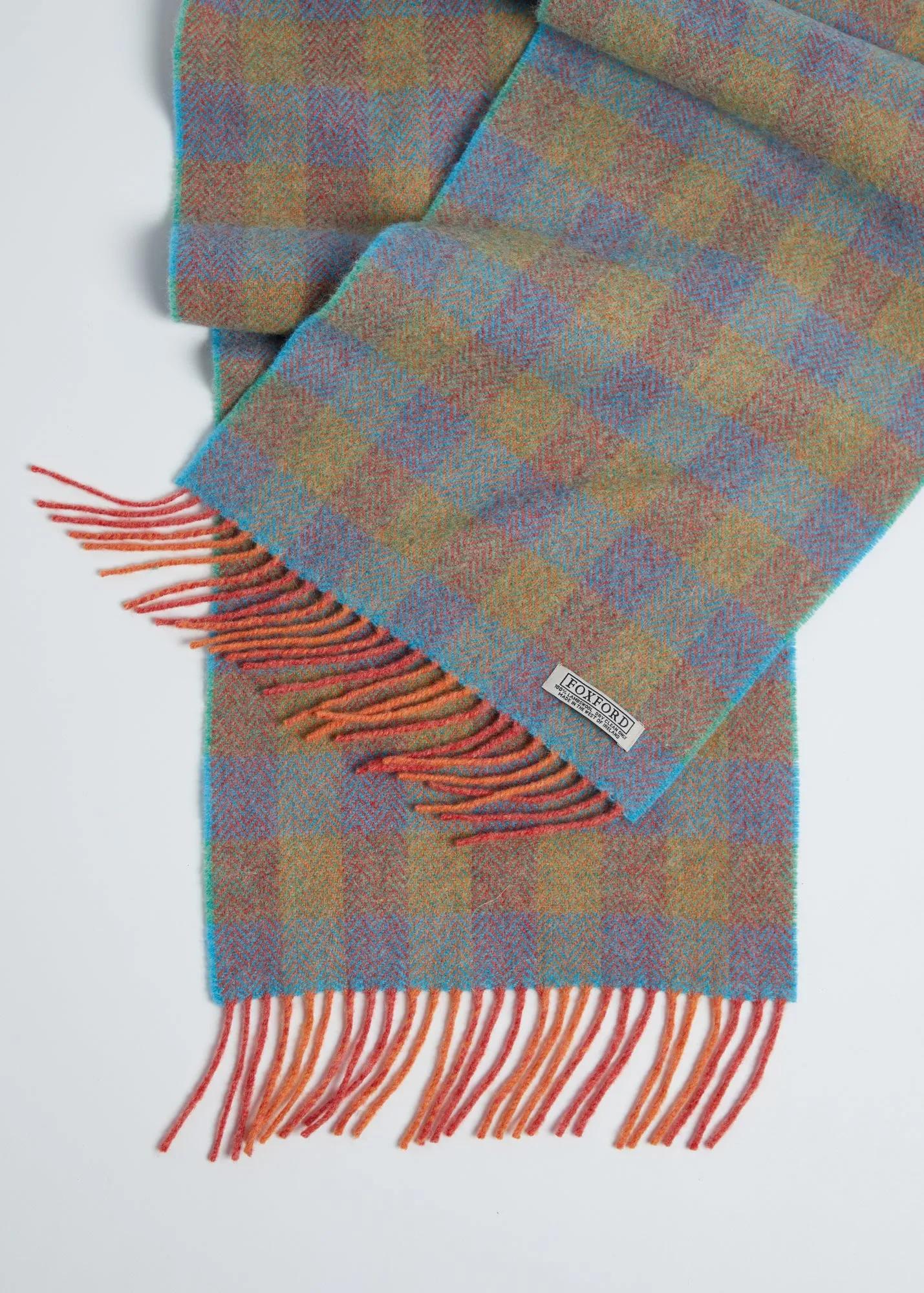 Foxford Orange and Blue Check Lambswool Scarf